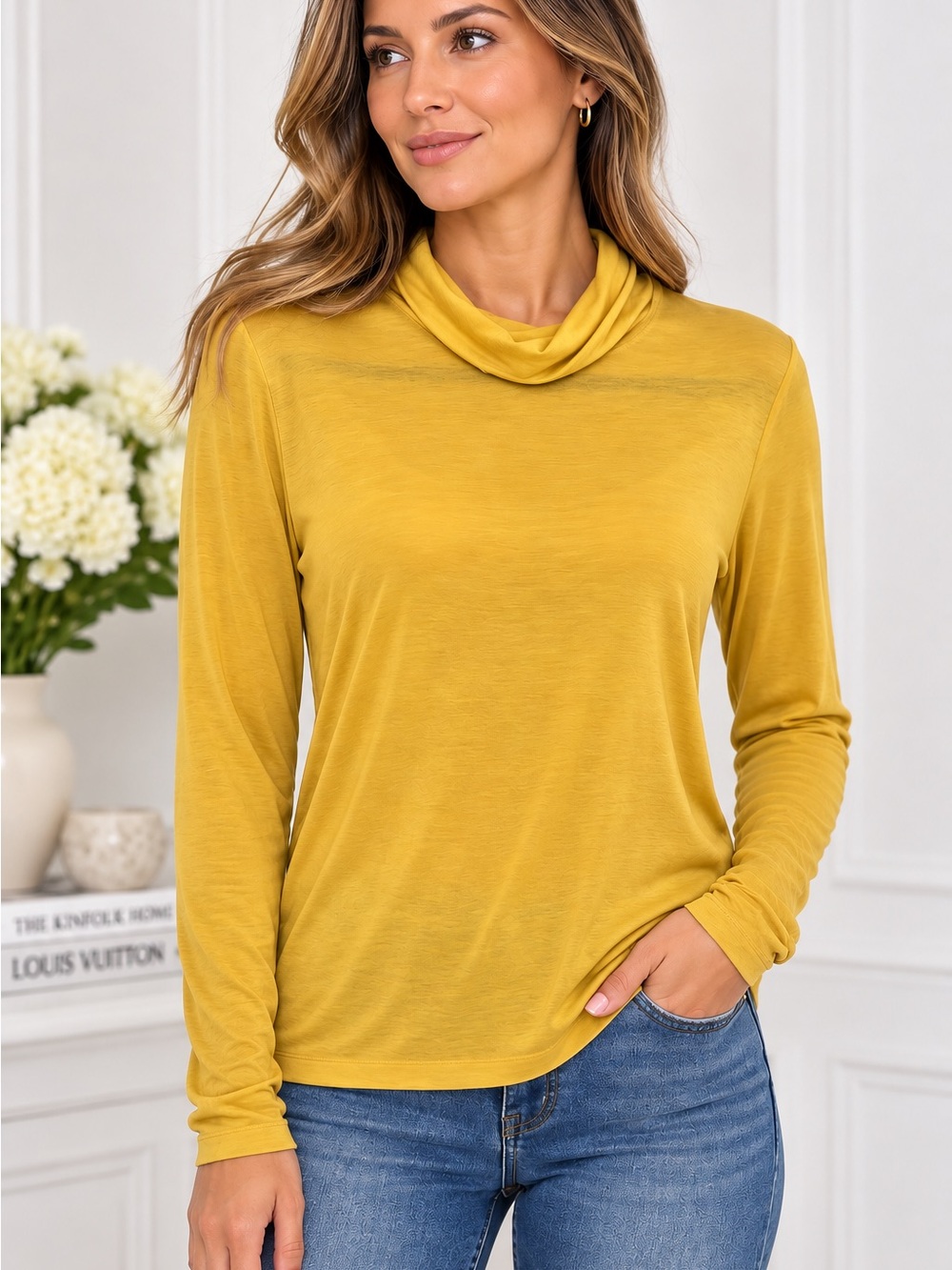 Nalgeot Women’s Mustard Yellow Cowl Neck Long Sleeve Top Size S Rayon Blend